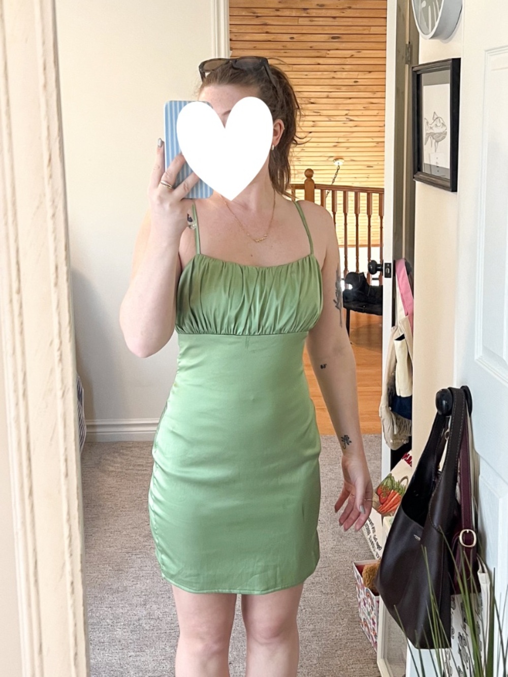 Missguided Sage Green Satin Mini Dress | Ruched Bust Summer Dress | Size US 6